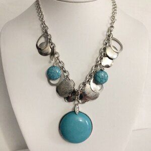 Circle Dangle Pendant Necklace Silver & Blue